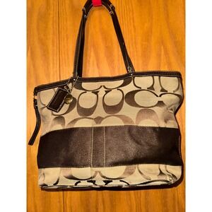Coach Signature Jacquard Tote Bag Khaki Brown Leather Trim Large Shoulder Bag